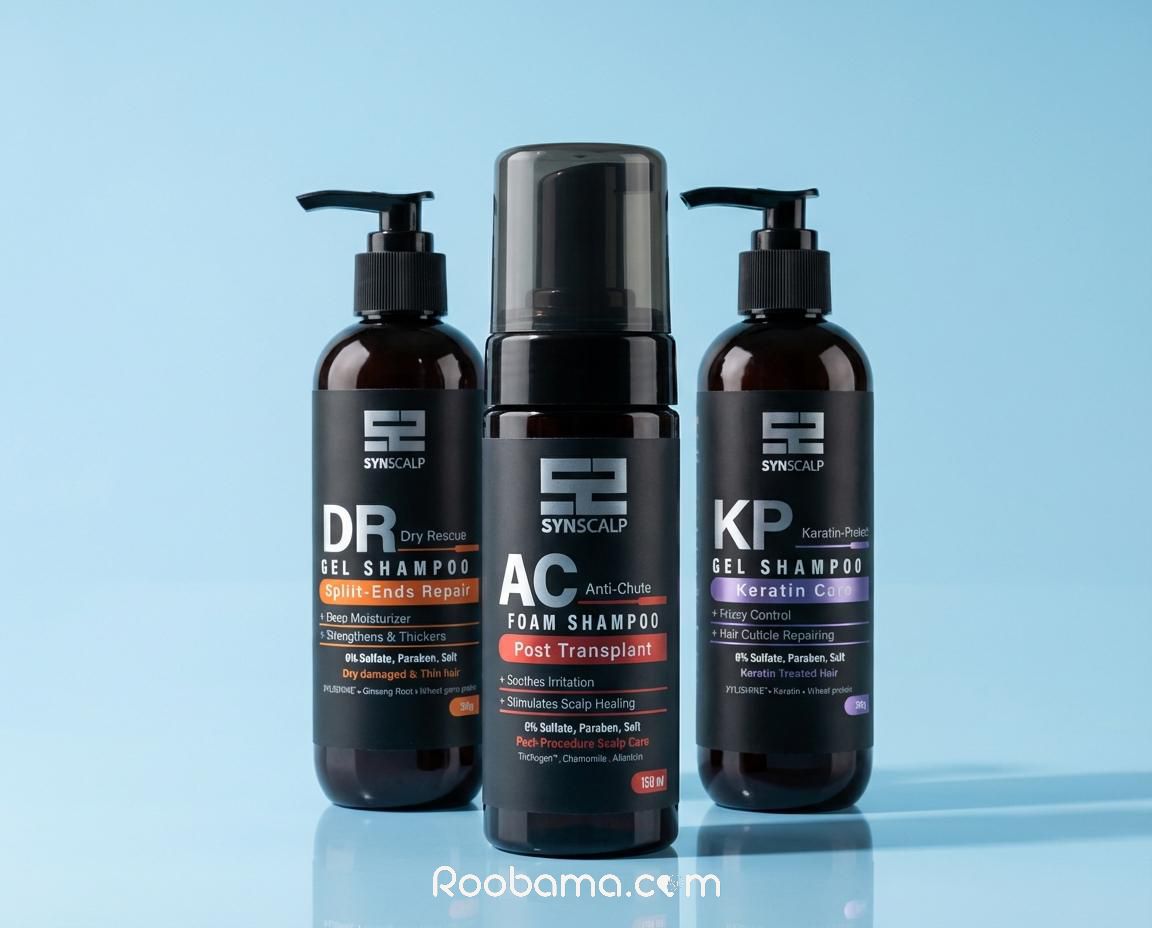 ژل شامپو موهای خشک DR، ژل شامپو موهای کراتینه KP، شامپو مخصوص پس از کاشت مو AC Synscalp
