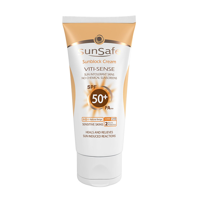 كرم ضدآفتاب فیزیکال رنگی پوست حساس +SPF50 سان‌سیف Viti-Sense حجم 50 میلی‌لیتر